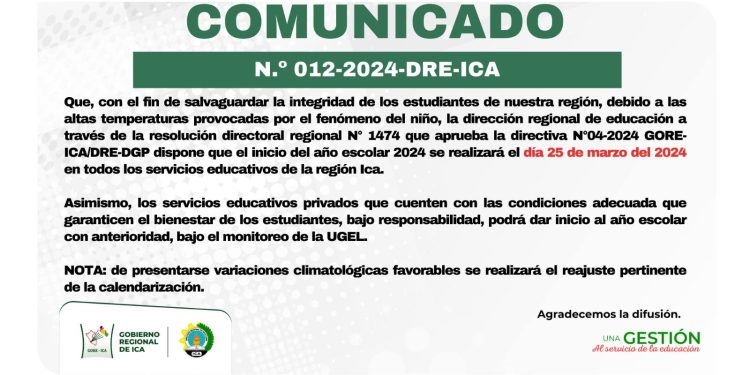 Inicio del año escolar será el 25 de marzo en la región Ica
