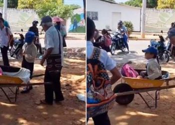 Abuelito recoge a su nieta del colegio en carretilla y conmueve en redes sociales
