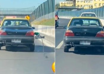 Hombre conduce con manguera de combustible conectada al auto