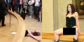 Mujer posa desnuda frente al cuadro de la Mona Lisa