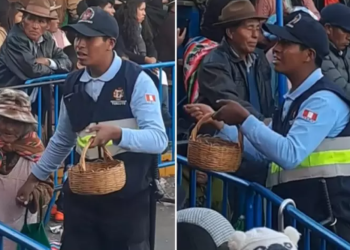 Sereno toca corazones al ayudar a abuelita en la venta de sus dulces en Puno