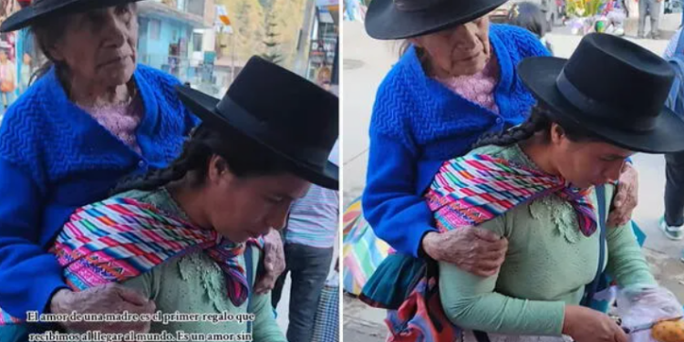 Comerciante peruana cargó en la espalda a su madre para vender tunas